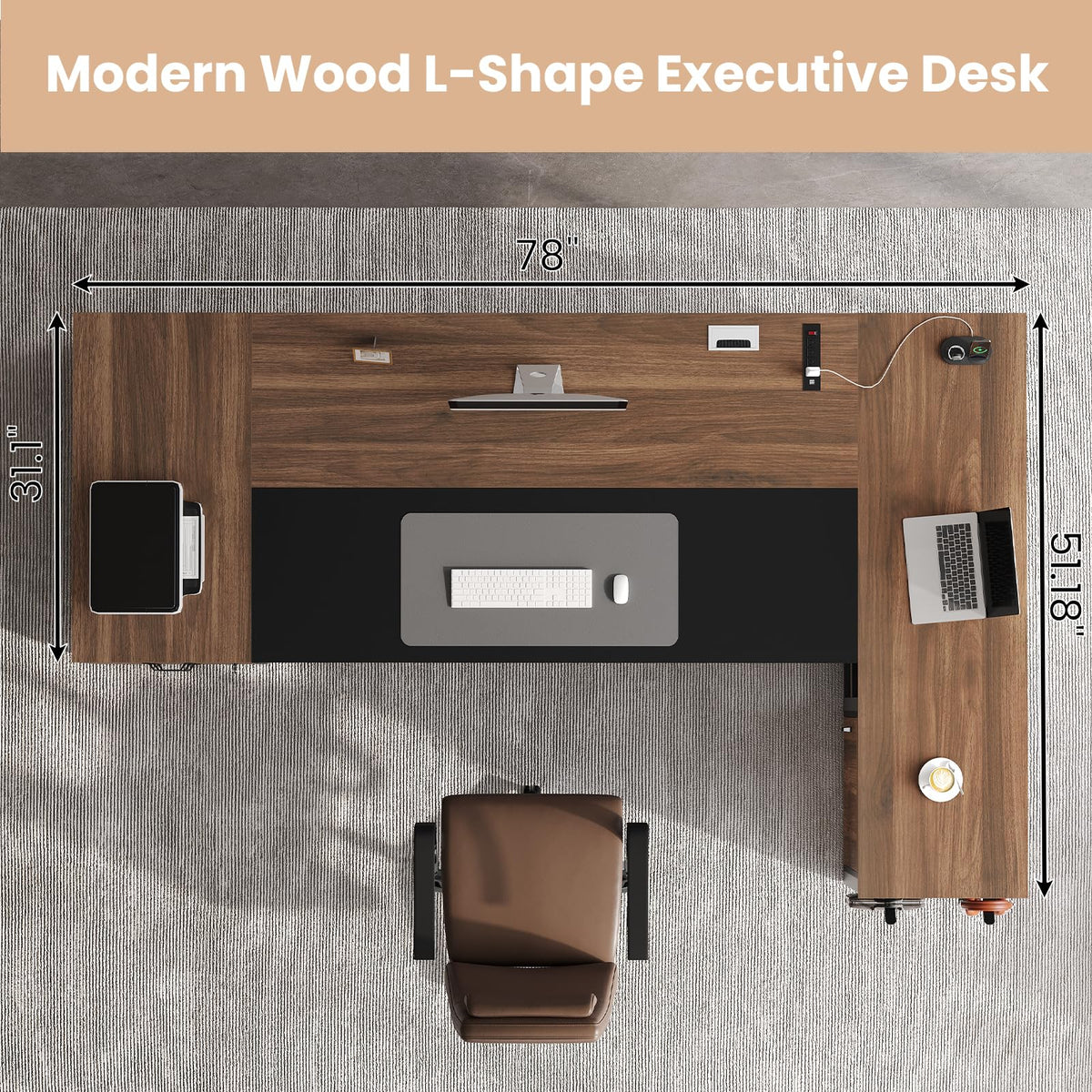 78" Walnut L Shaped Executive Desk with File Cabinet and Outlets N952365