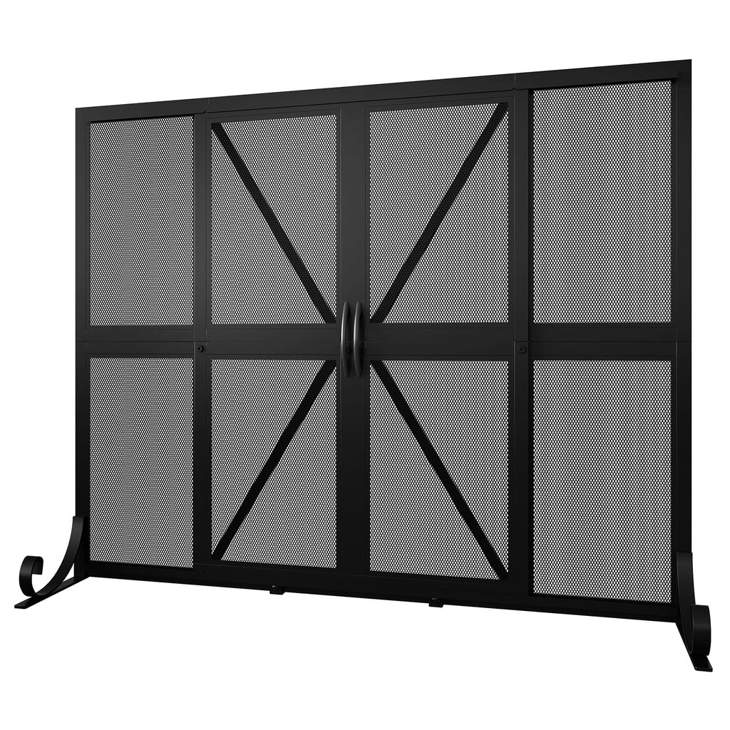 Black Wrought Iron Mesh Fireplace Screen with Sliding Doors L47643