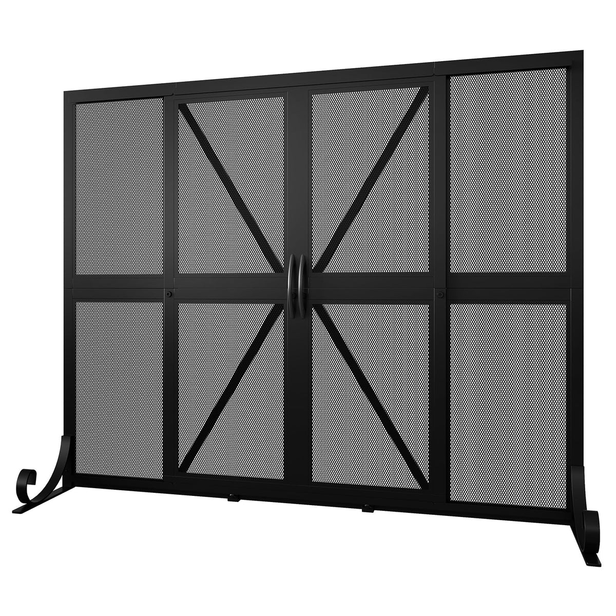 Black Wrought Iron Mesh Fireplace Screen with Sliding Doors L47643