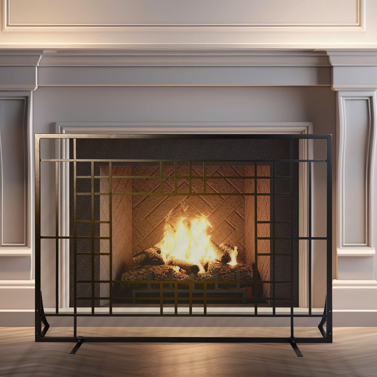 Single Panel Fireplace Screen with Mesh Spark Guard T33630