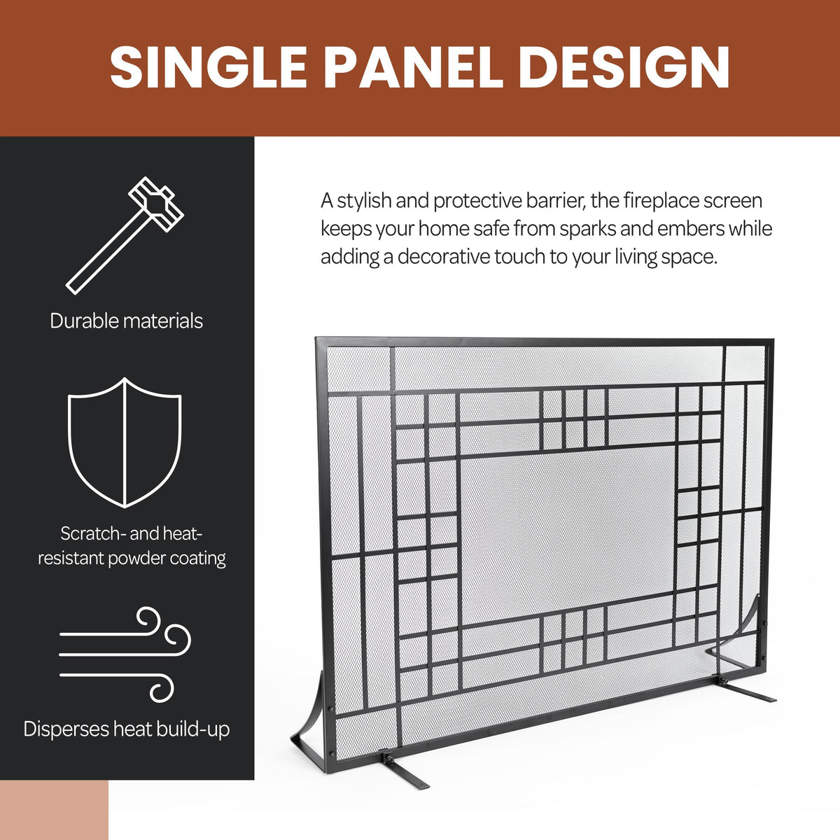 Single Panel Fireplace Screen with Mesh Spark Guard T33630