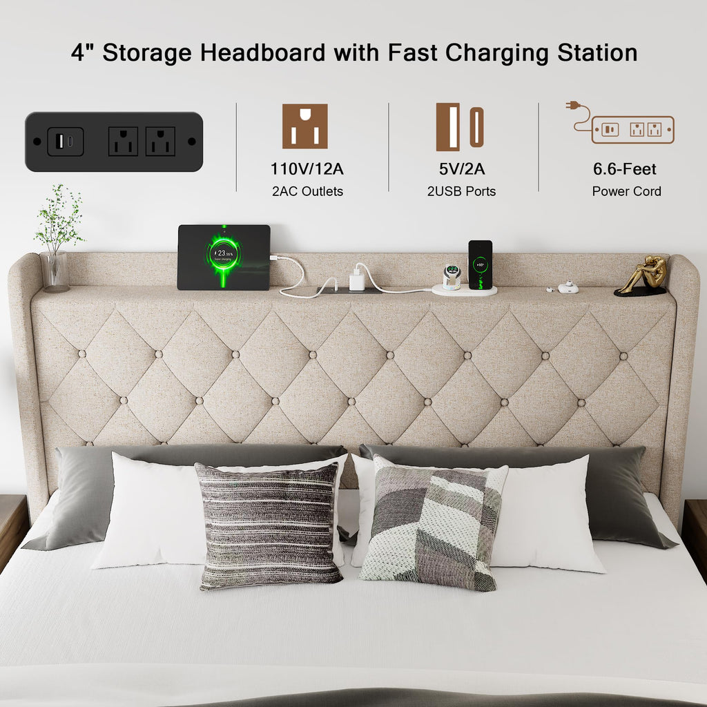 Queen Size Lift Up Storage Upholstered Bed Frame with Charging Station K807