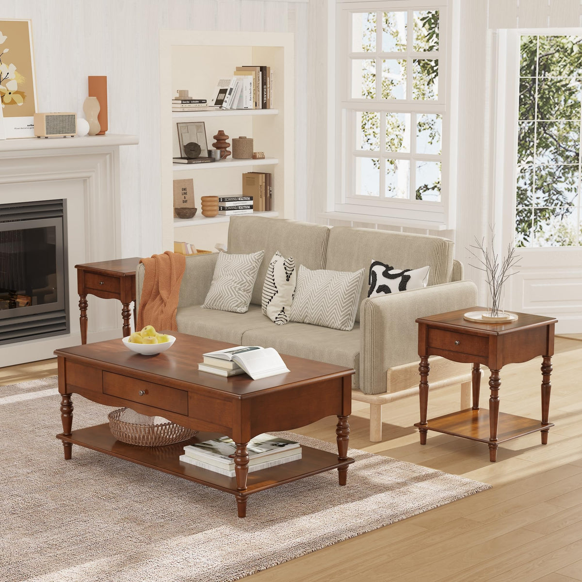 Caramel Brown Coffee Table and Two End Tables with Storage Drawer T936008